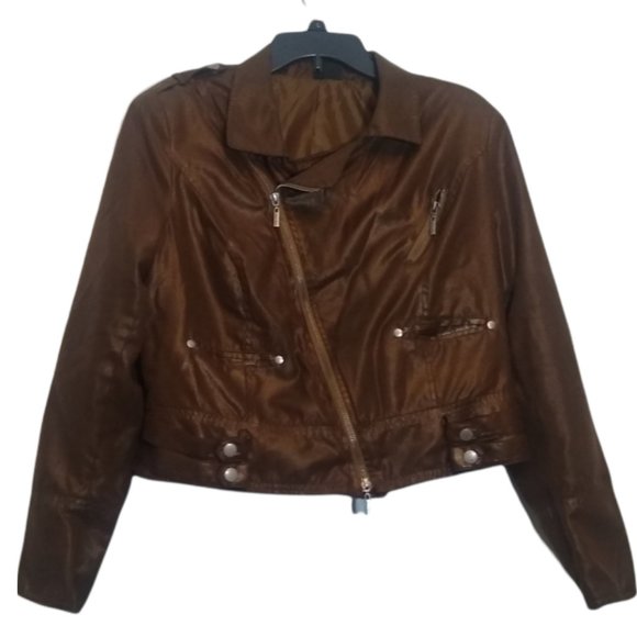 Bisou Bisou Jackets & Blazers - Bisou Bisou Brown Cropped Moto Faux Leather Size XL